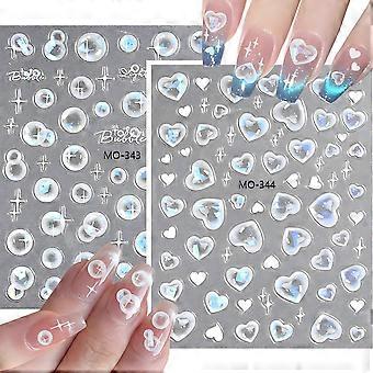 3D Heart Shape Nail Art Stickers with Ocean Bubbles, 2 Sheets SelfAdhesive Nail Decals