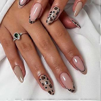 24 Pcs Short Almond Press on Nails Leopard French Fake Nails Full Cover Acrylic Pink Glossy Manicure