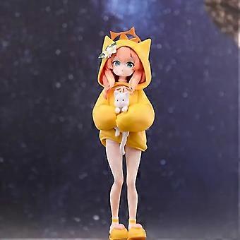 Anime Girl Figure in Yellow Cat-Ear Hoodie Holding White Kitten, PVC Collectible Doll for Desktop Decoration, Game Character Ornament
