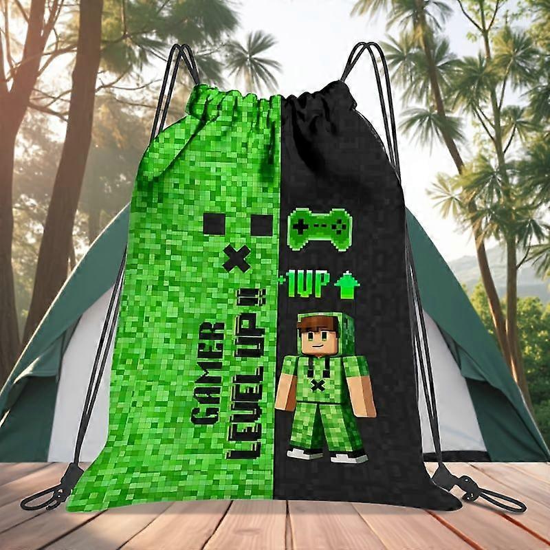 2D Flat Drawstring Bag, Pixel Player Upgraded Pattern Printed Backpack, Wear-resistant Soft Shell Portable Practical Pou-Cqazw