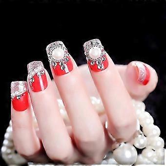 Red False Nails Acrylic 24PCS with Glue Rhinestones Crystal 3D Design for Wedding Party