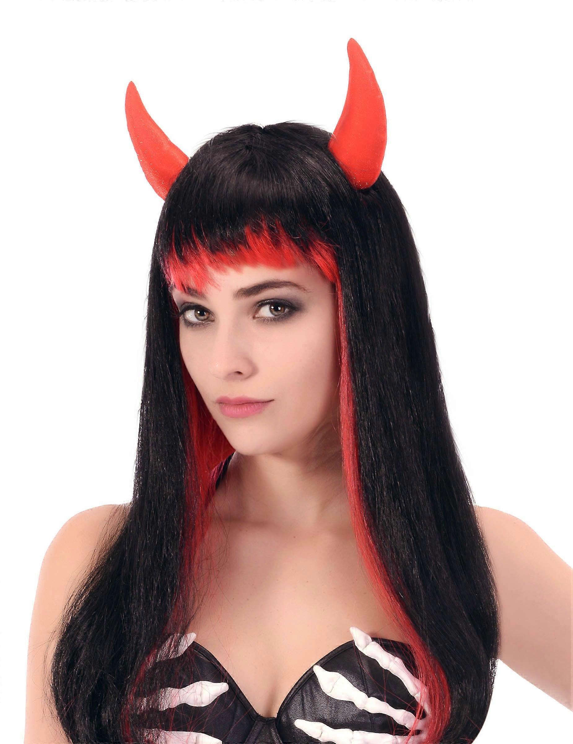 Long black and red devil wig for women