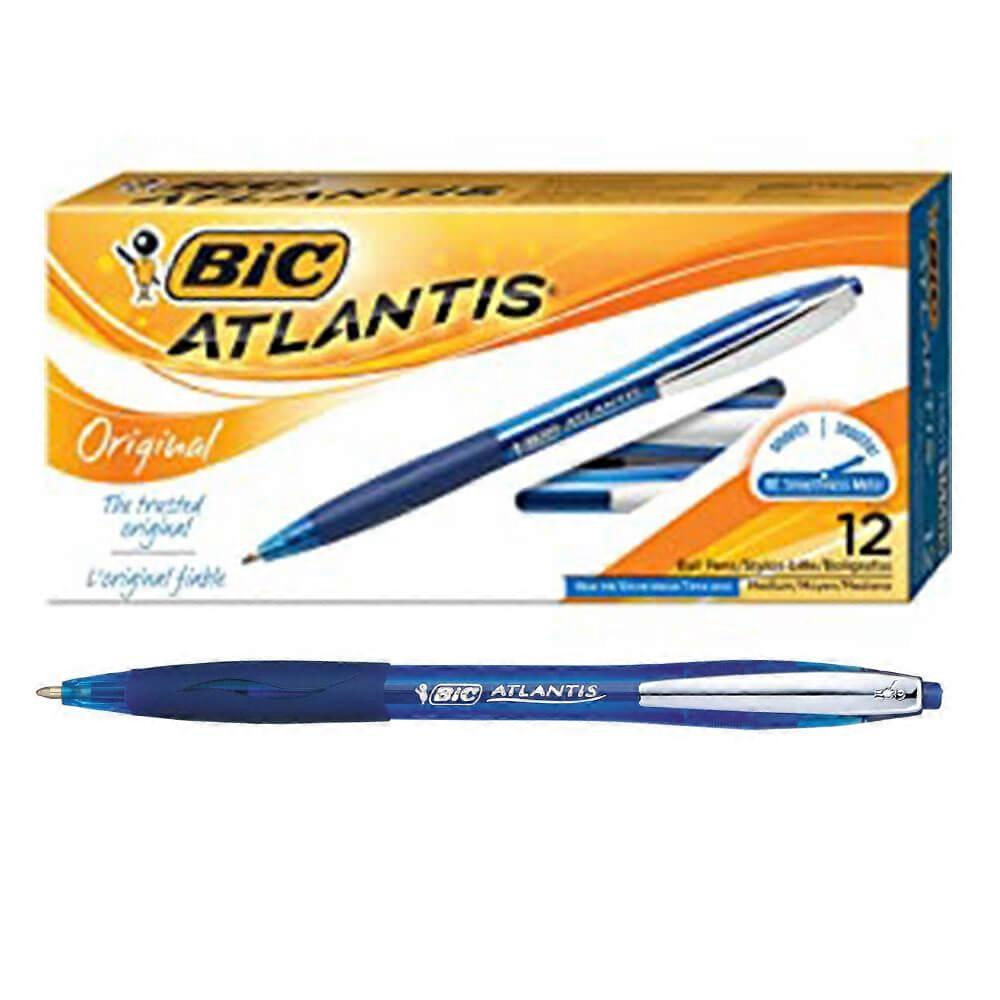 BLUE Bic Atlantis Smooth Retractable Pen Medium Point Comfortable Grip 12pk