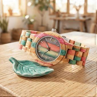 Women's Elegant Bamboo Wooden Watch, Colorful Band Quartz Wristwatch, Fashionable Gift for Her and Lovers