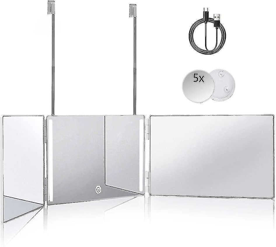 3 Way Mirror For Self Hair Cutting 360 Mirror With Led Lights, Trifold Self Haircut Mirror Rechargeable With Height Adjustable