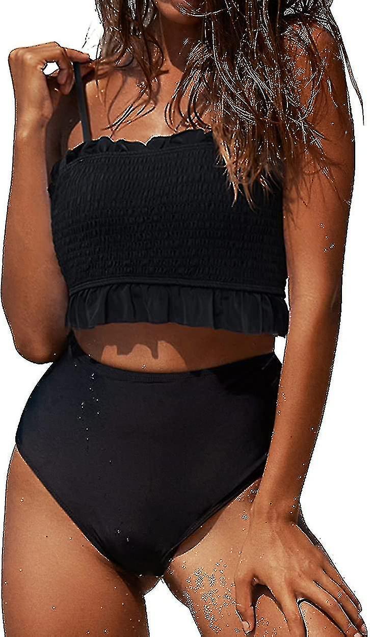 High Waisted Bikini Set For Women Strapless Bikini Bandeau Ruffled Bikini Padded 2 Piece-i