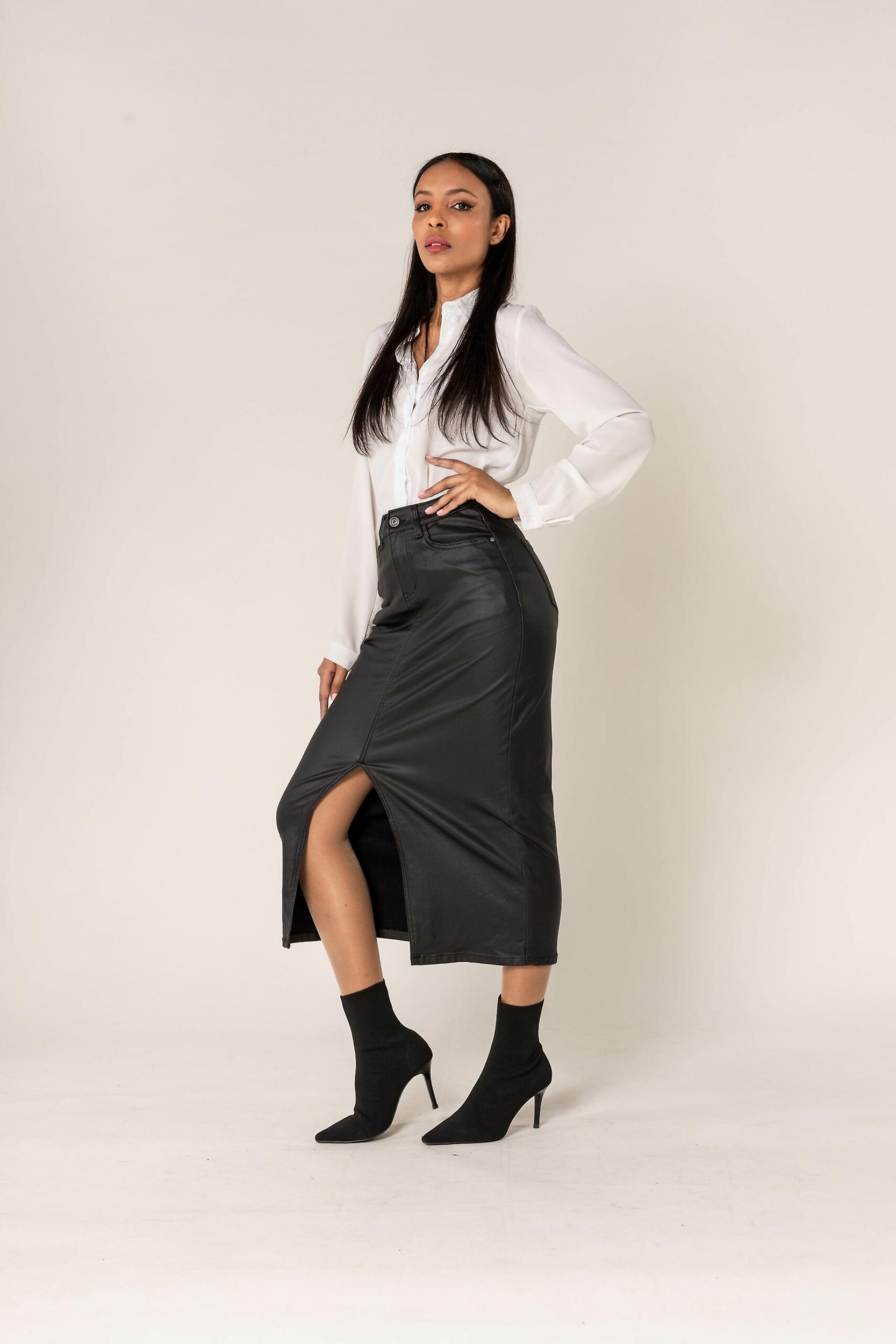 Jupe longue midi en similicuir pour femmes Jupe en jean enduite Stretch élégant