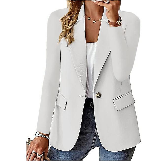 Womens Solid Color Casual Long Sleeve Lapel Button Blazer Jacket White