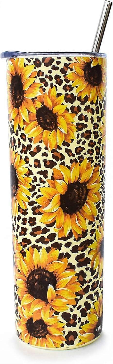 Copo Térmico com Estampa de Girassóis, Copo de Viagem de Aço Inoxidável de 20 oz, Caneca de Café Isolada de Parede Dupla com Tampa à Prova de Salpicos e Canudos (20oz Leopardo)
