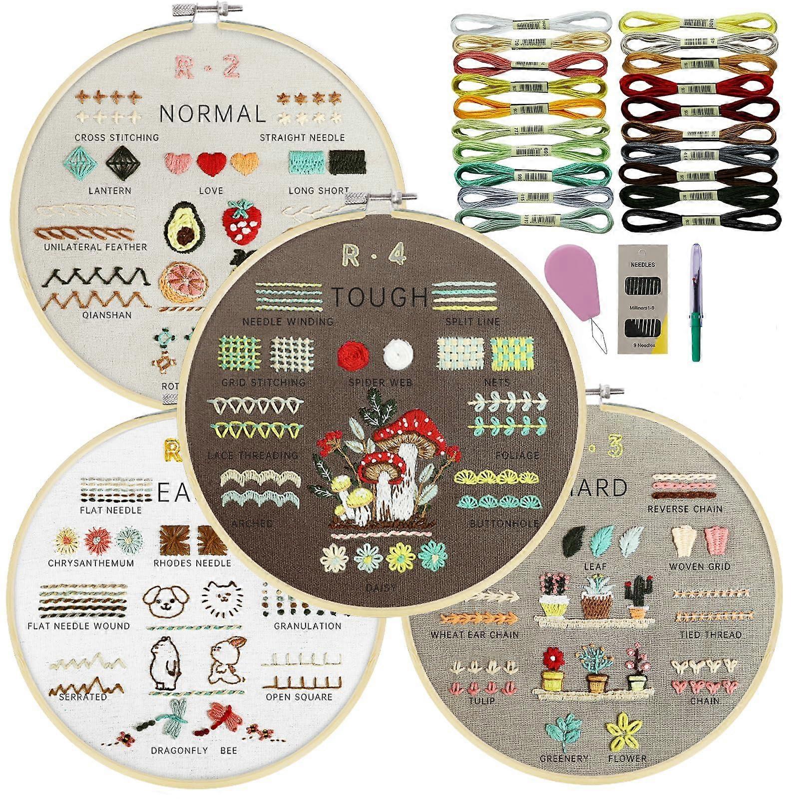 4 Stage Embroidery Kit for Beginners Adults, Easy to Learn Different Stitches, Needlepoint Kits with Stamped Embroidery Patterns