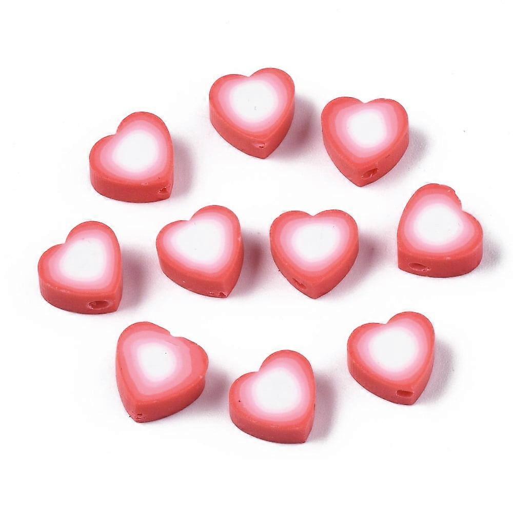 50pc Handmade Polymer Clay Beads Heart Red 9x9~10x4~5mm Hole: 1.5mm