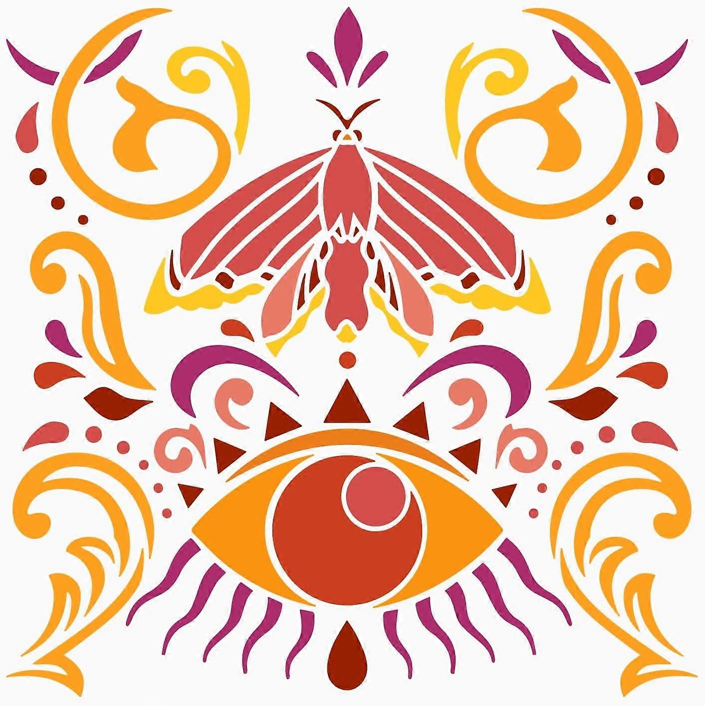 Moth Stencil 11.8x11.8 inch Devil's Eye Drawing Painting Stencils Plastic Moth Evil Eye Flowers Vines Pattern Stencil