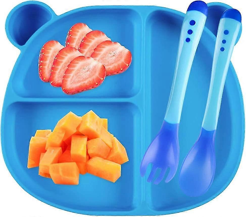 (kit 3pcs) Silicone Baby Suction Cup Plate + Spoon + Fork Strong Suction Solid Thick Non-slip Placemat With 3 Compartments (blue)