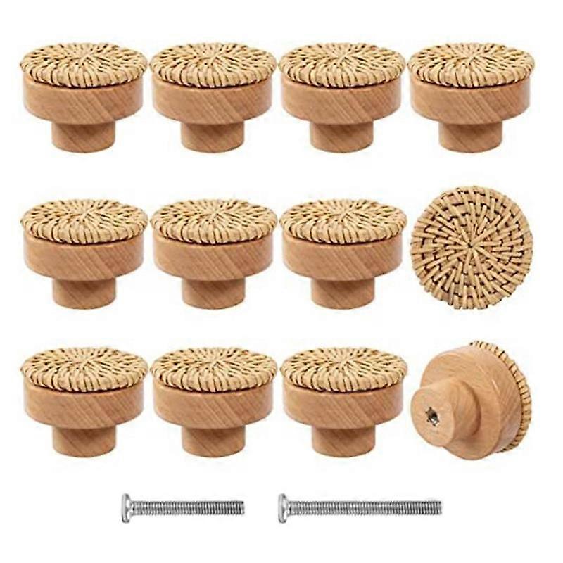 12Pcs Boho Rattan Dresser Knobs- Durable Beech Wood Drawer Knobs Handmade Wicker Woven Pulls with 2