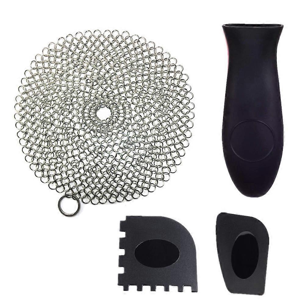 Stainless Steel Scrubber Set Include Cleaning Cleaner Black Scrapers Handle Cover for Cast Iron Pan Iron Woks Kitchen