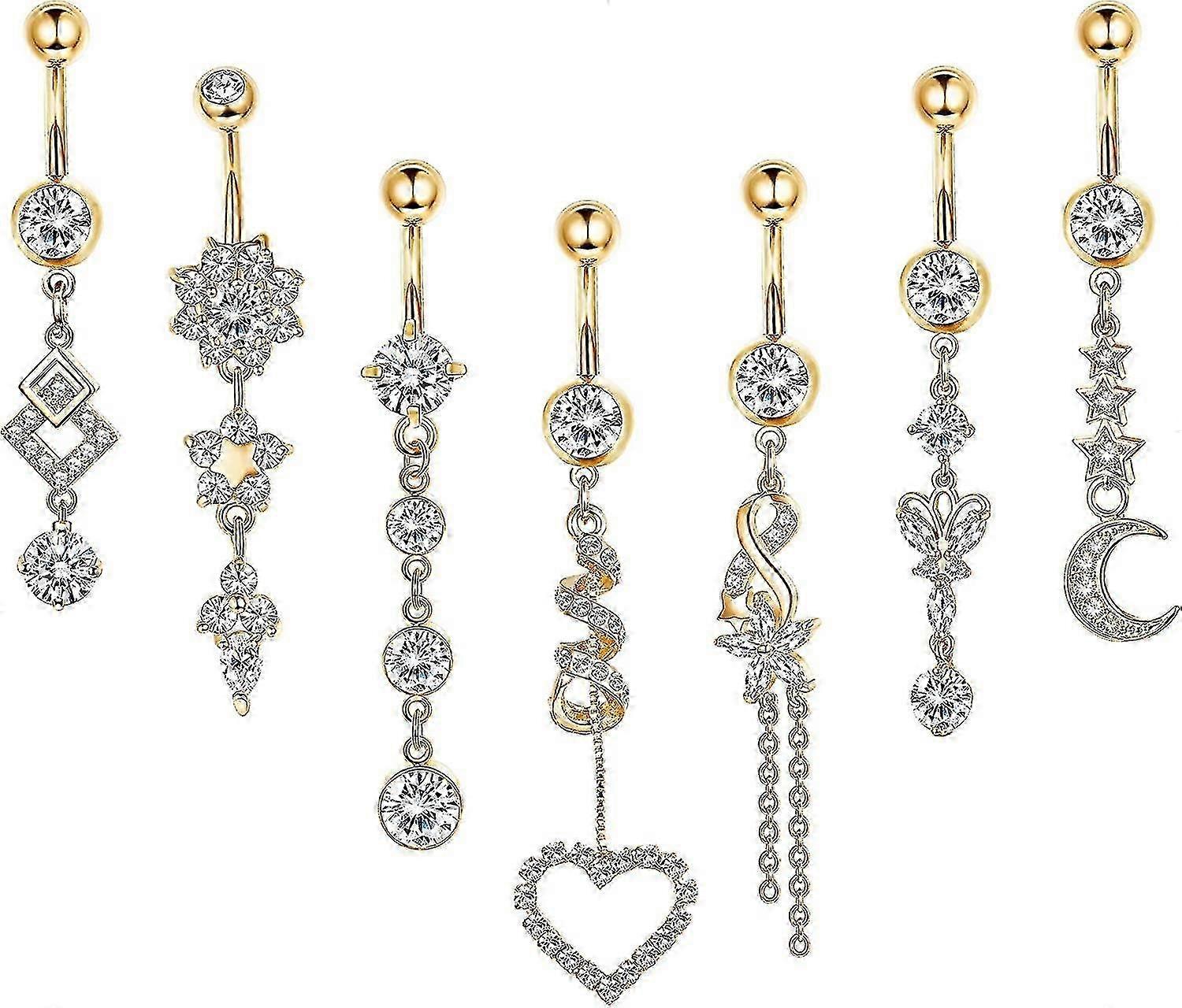 7pcs 14gベリーボタンリングダングル316l外科用スチールCzへそリングバーベル女性用ボディピアスジュエリーシルバー/ゴールド/ローズゴールド