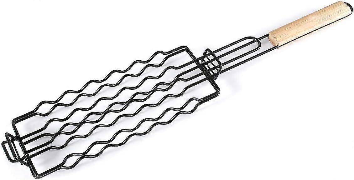 Grill For Sausages And Wurstel With Non-Stick Coating, Portable Foldable Grill With Wooden Handle
