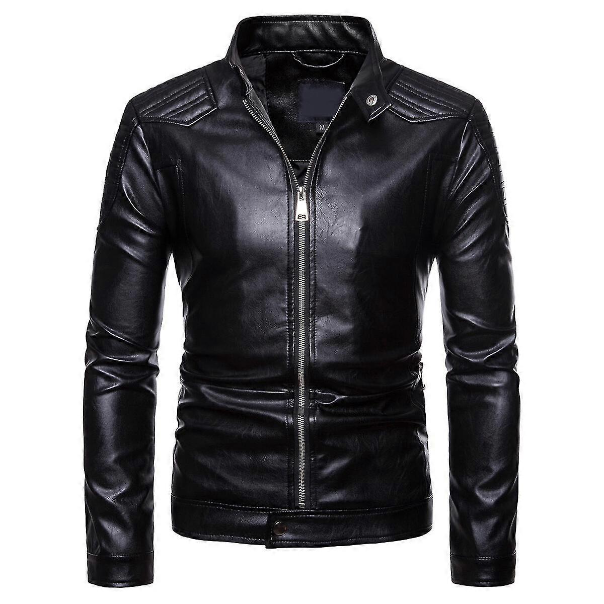 VAWAN Mens Classic Stand Collar Motorcycle Leather Jacket