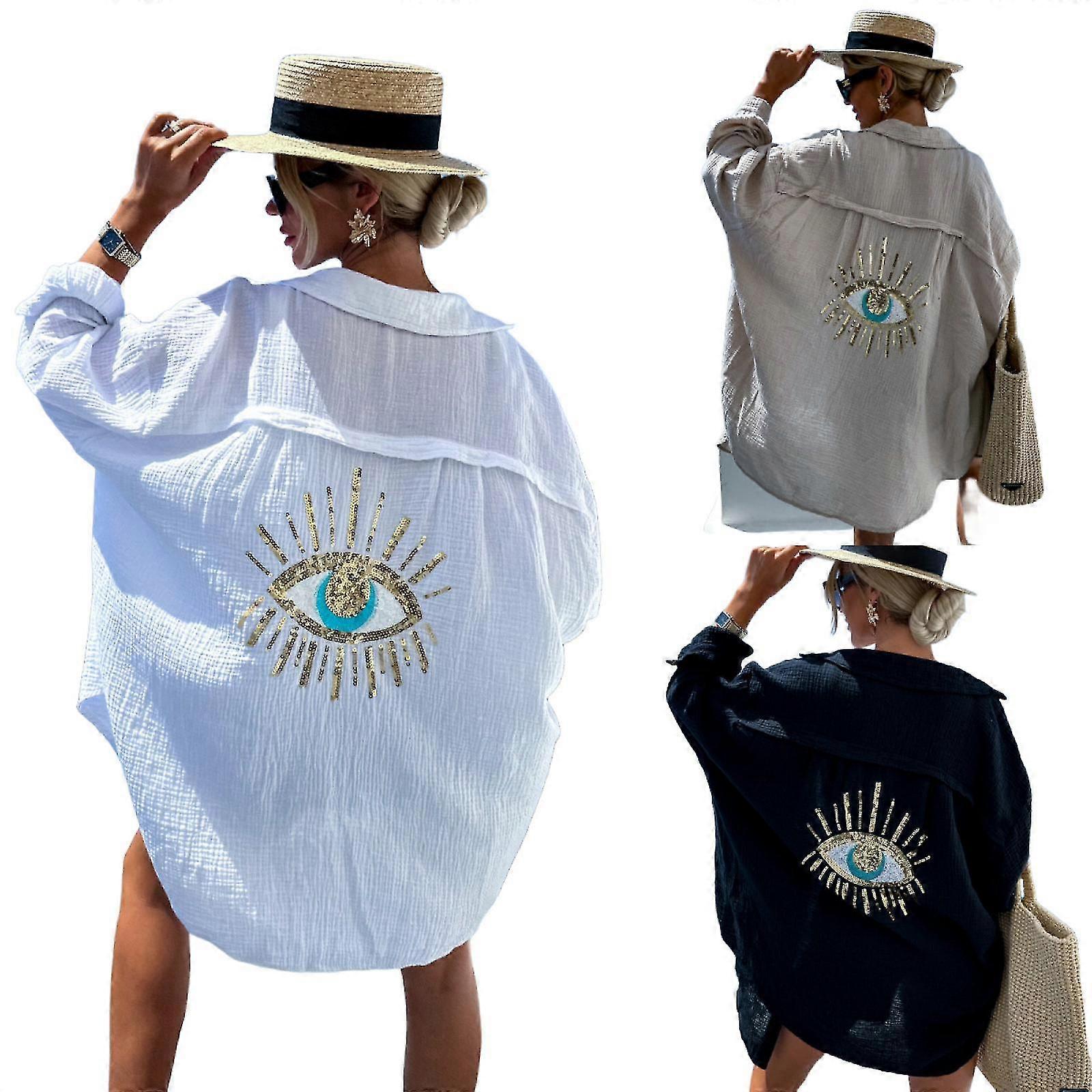 Kadın Payet Göz Düğmeli Oversize Yazlık Bornoz Gömlek Mini Elbise Üstleri 2024 -GSL