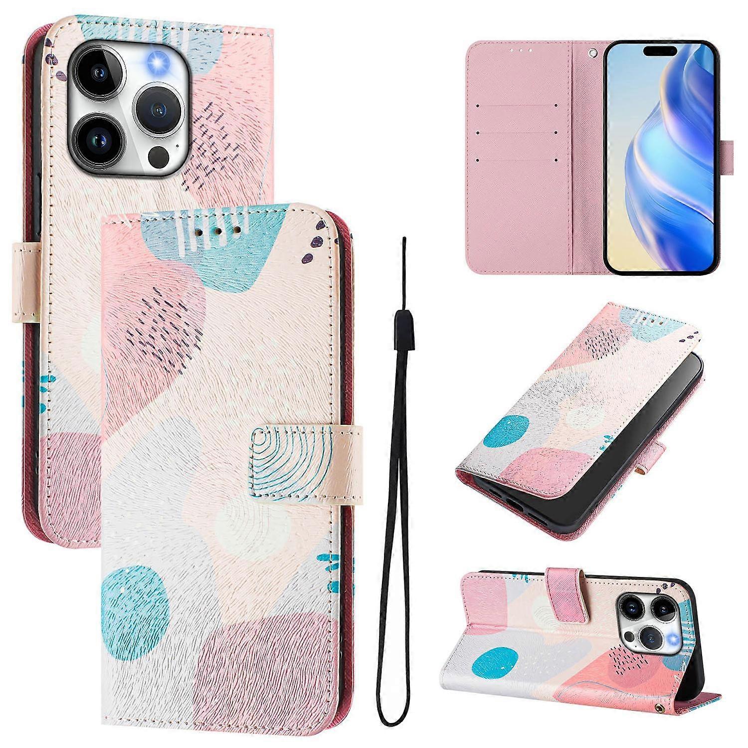 For iPhone 15 Pro Case Pattern Printing Wallet Phone Cover with Strap - Graffiti