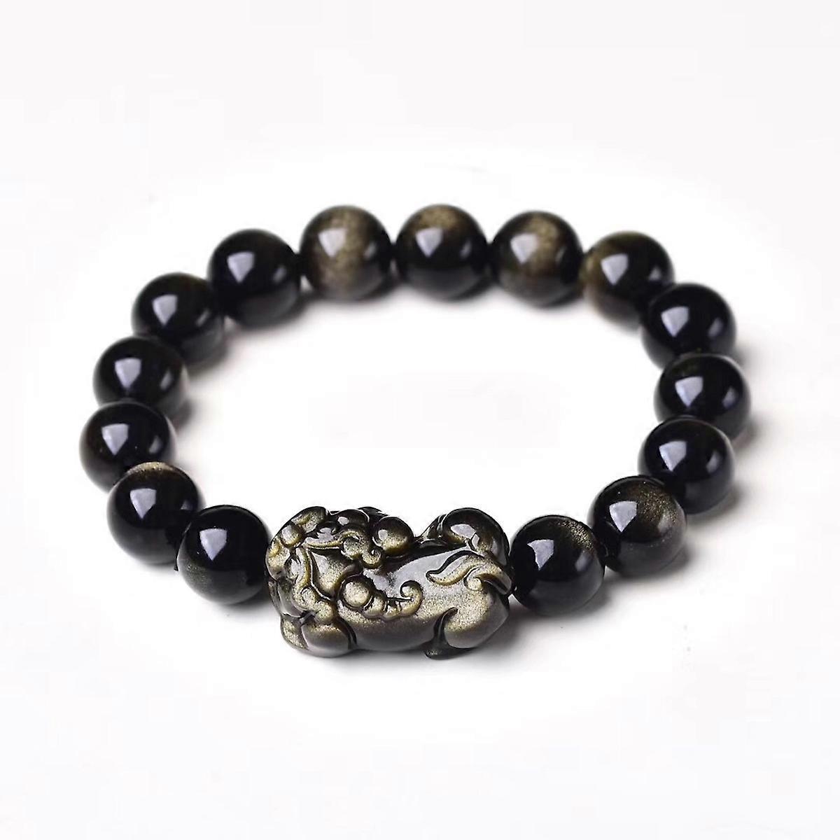 8mm Natrual Rainbow Eye Golden Obsidian Beads Bracelet Lucky Bangle with 1pc Pi Xiu for Men