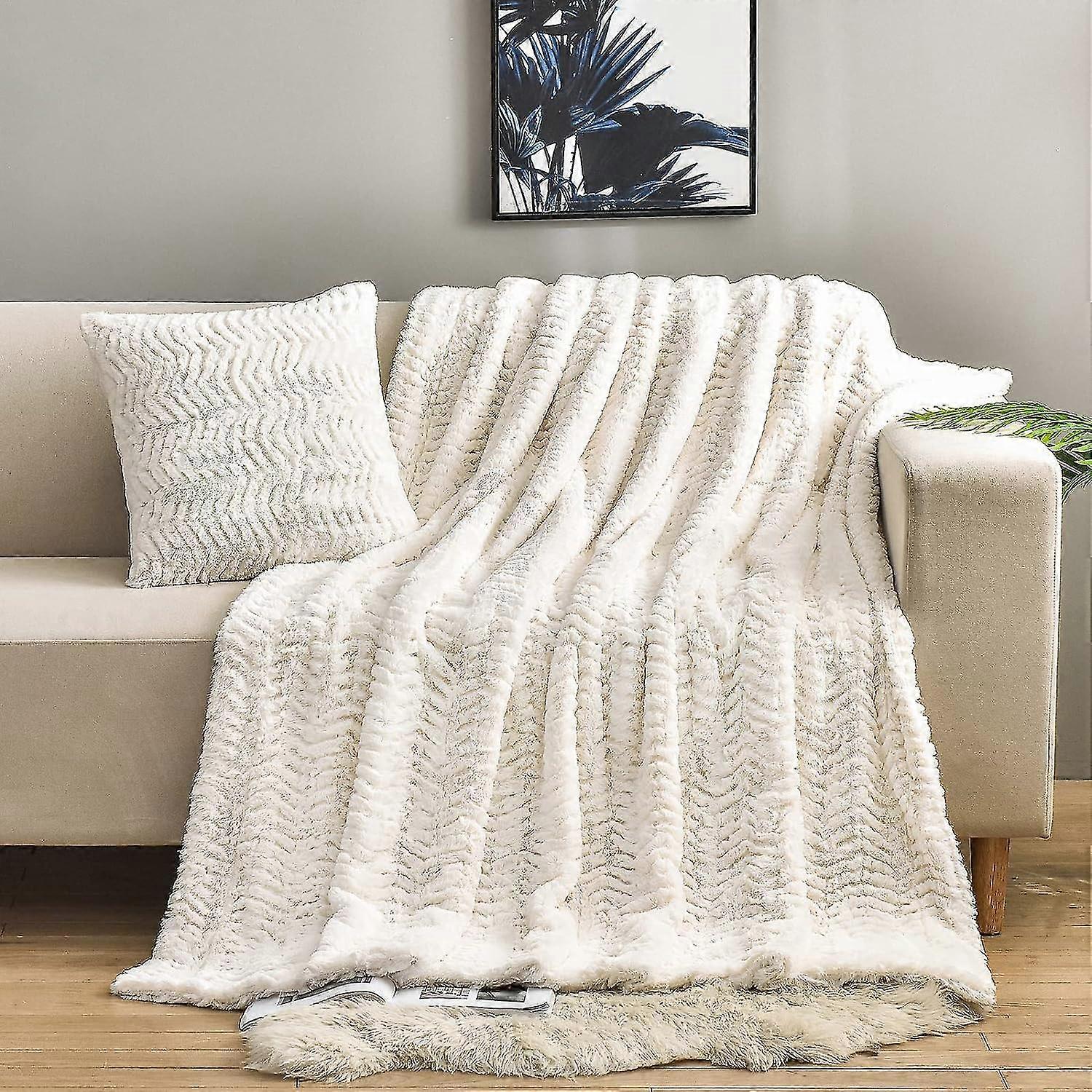 Luxury Double Sided Faux Fur Throw Blanket(Without Pillows),Soft Fuzzy Fluffy Cozy Blanket Plush