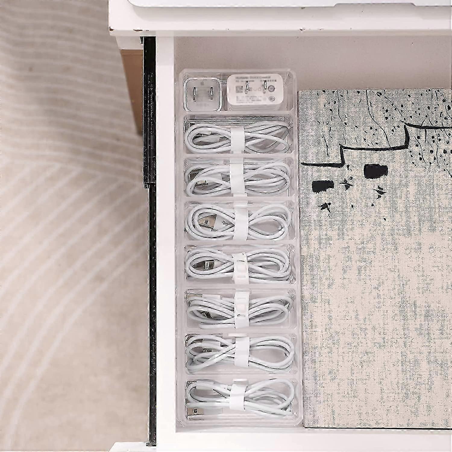Plastic Cable Management Box With 10 Cable Ties, Clear Power Cord Storage Box With 8 Compartments, Office Electronics Storage Box With Cover