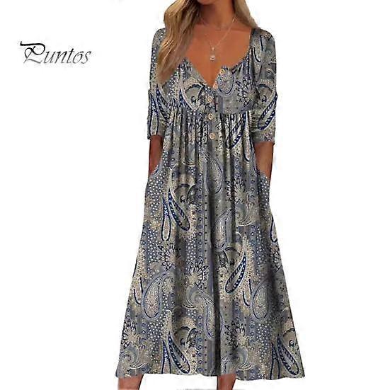 Summer Women Dress A-line Loose Hem Pleated O Neck Button Short Sleeve Loose Side Pockets Retro Floral Print Mid-calf Length Commute Beach Midi Dress