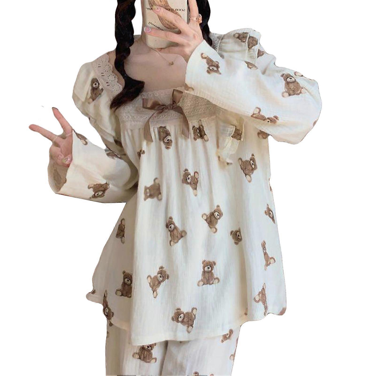 Kvinnor Långärmad Nattkläder Set Söt Björn Höstpyjamas Set Loungewear Set för hem, semester och fritidskläder