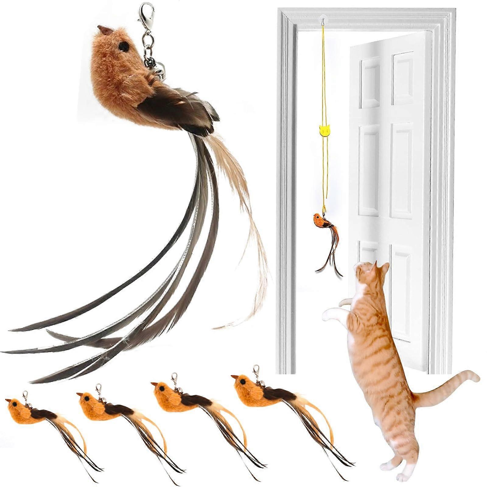 4 Bird Cat Wand Toy Refill for Indoor Cats, Door Hanging Feather String Attachments, Interactive Bird Simulation Set