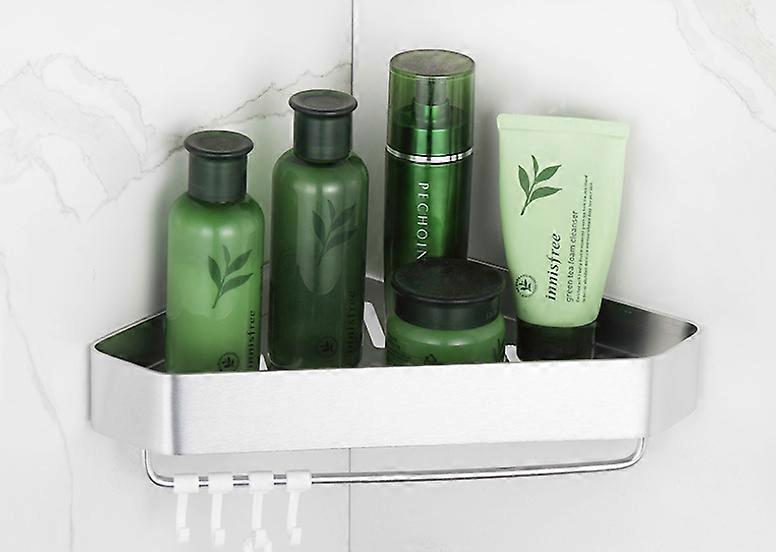 Toilet and bathroom shelf, free perforated triangle wall hanging, corner storage shelf (silver with 4 hooks)