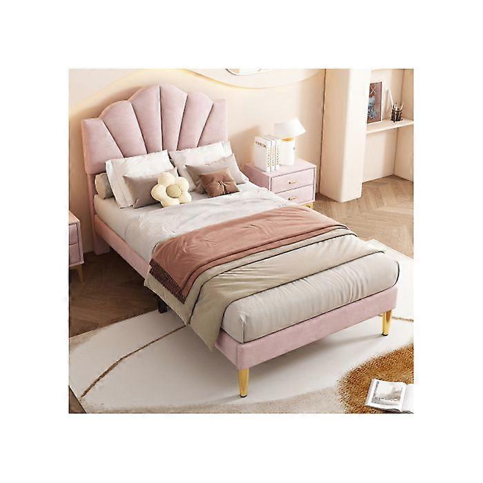 Polstret fløjlsseng, 90*200 cm, sengegavl med justerbar højde, lamelbund i træ, lyserød farve.
