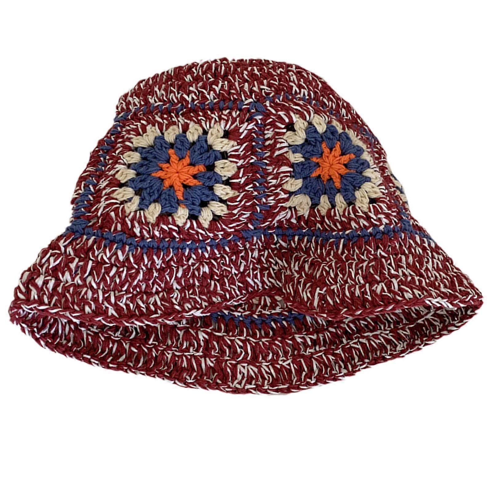Sunproof Crochet Flower Bucket Hat Ladies Spring Commute Camping Fisherman Cap with Flower Pattern for Girlfriend  red line
