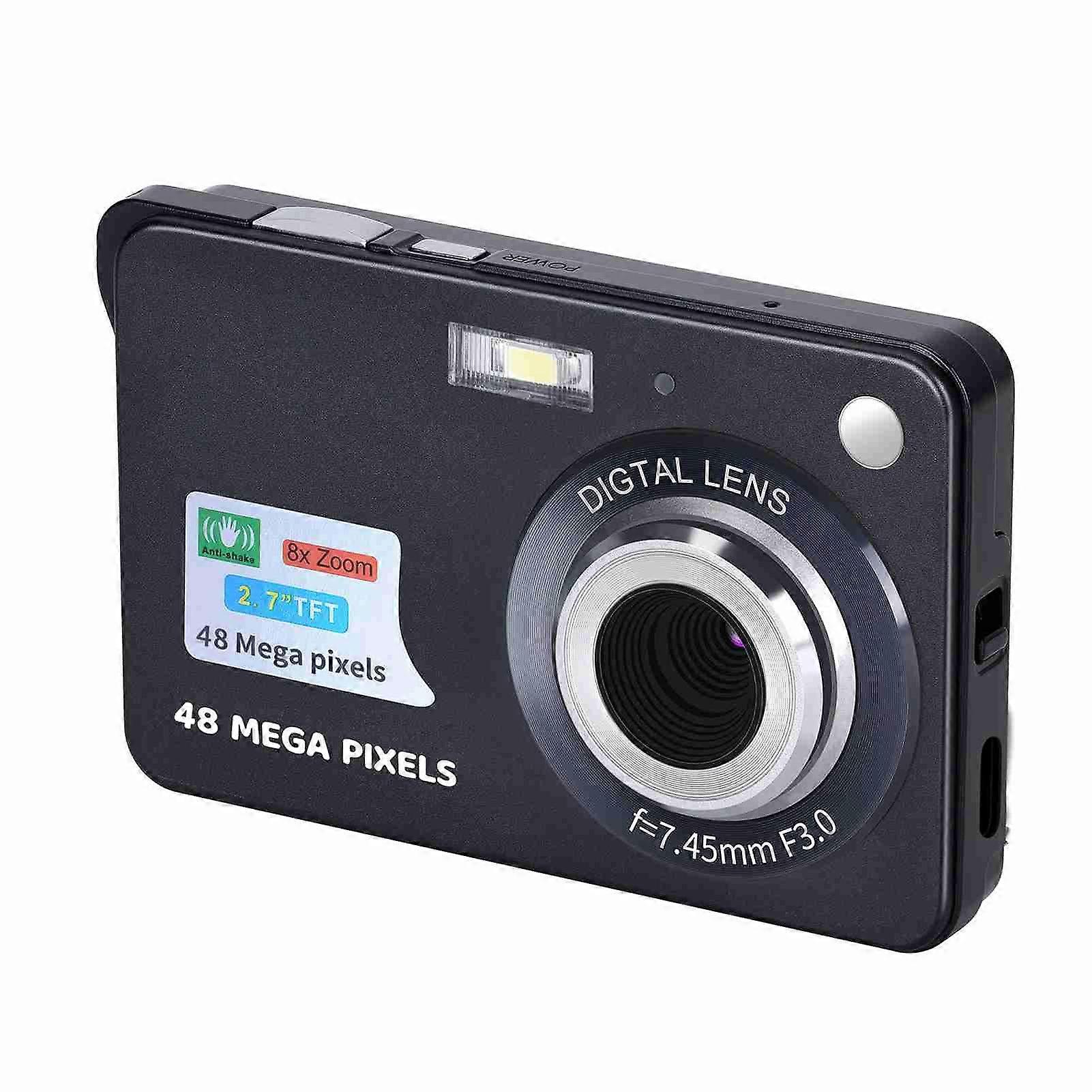 Digital Camera Mini Pocket Camera 48MP 2.7 Inch LCD Screen 8x Zoom Smile Capture Anti-Shake with Battery