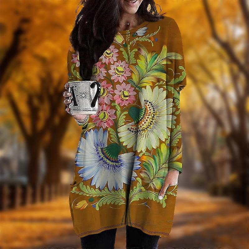 New In Autumn Traditional Flowers Print Plus Size Dress Women O'neck Long  Sleeves Casual Pocket Dresses