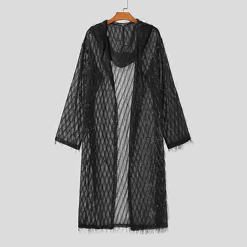 INCERUN Men Tassel Transparent Long Cardigans Open Front Hooded Kimono