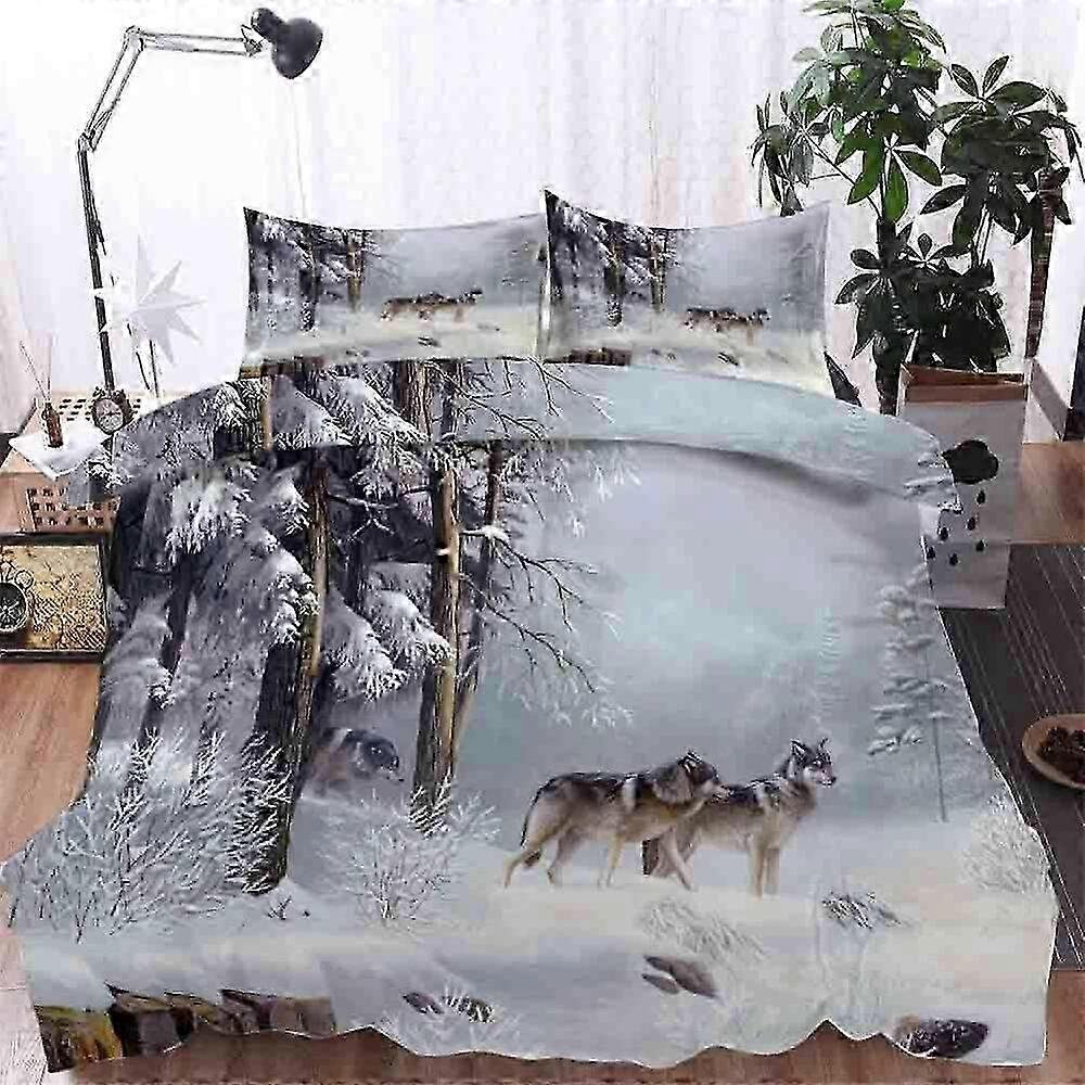 White Snow Flying Forest Wolf Print Duvet Cover Set for Bedroom Decor with Bed Sheets, Suitable for Various Bed Styles, Model IU1077