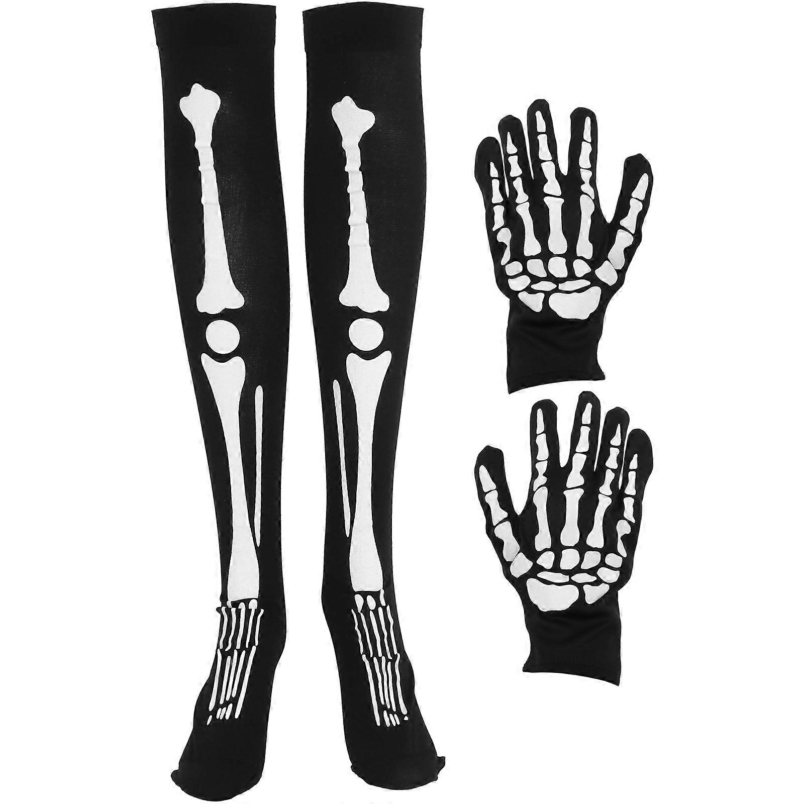 Halloween Skeleton Gloves and Stockings Set – Full Finger Bone Gloves with Skull Print Socks for Costume Party, Masquerade & Daily Wear