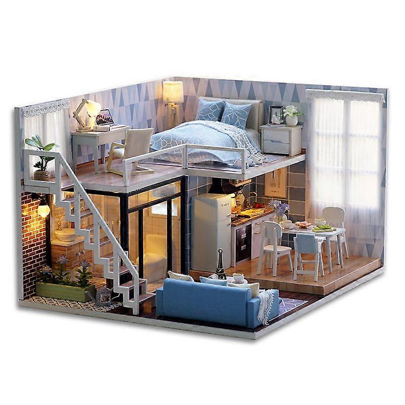 Light Blue Time Handmade Small House Building Assembly Model