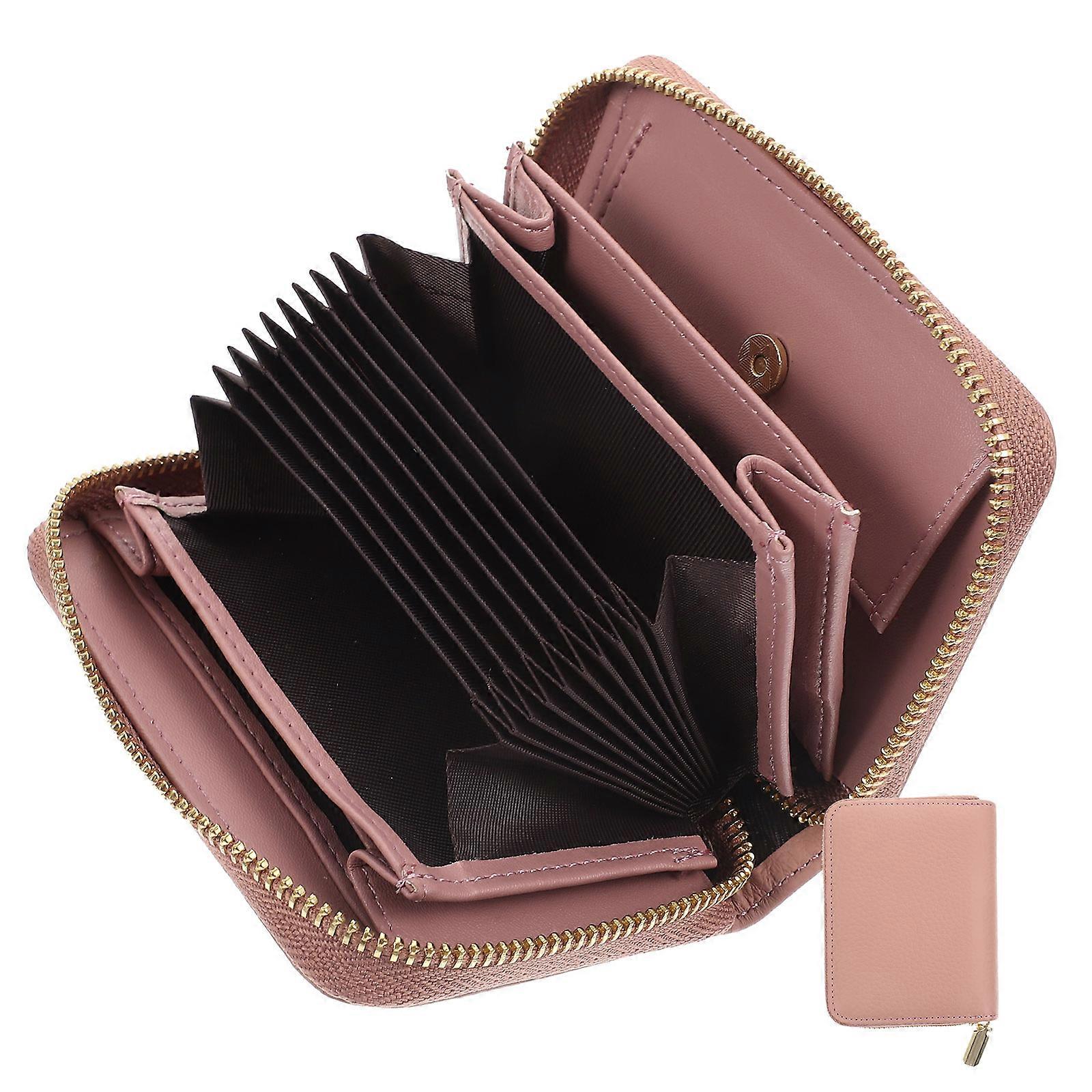 Pouch For Cards Large Capacity Card Slots Business Card Holder Pouch Travel Office Use Pink Leather Compact 1Pack