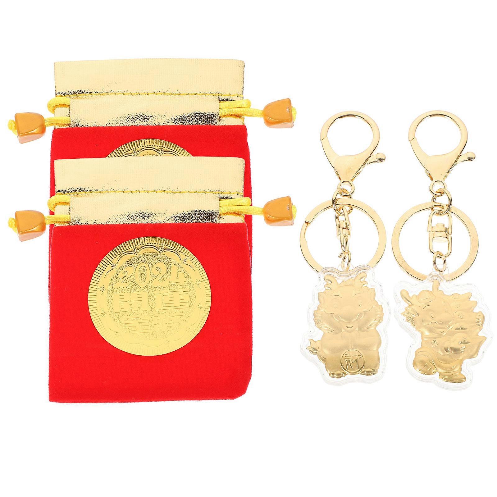 Decorative Keychain Dragon Modeling Key Chain Year of the Dragon Bag Accessory Gold Foil 2Set