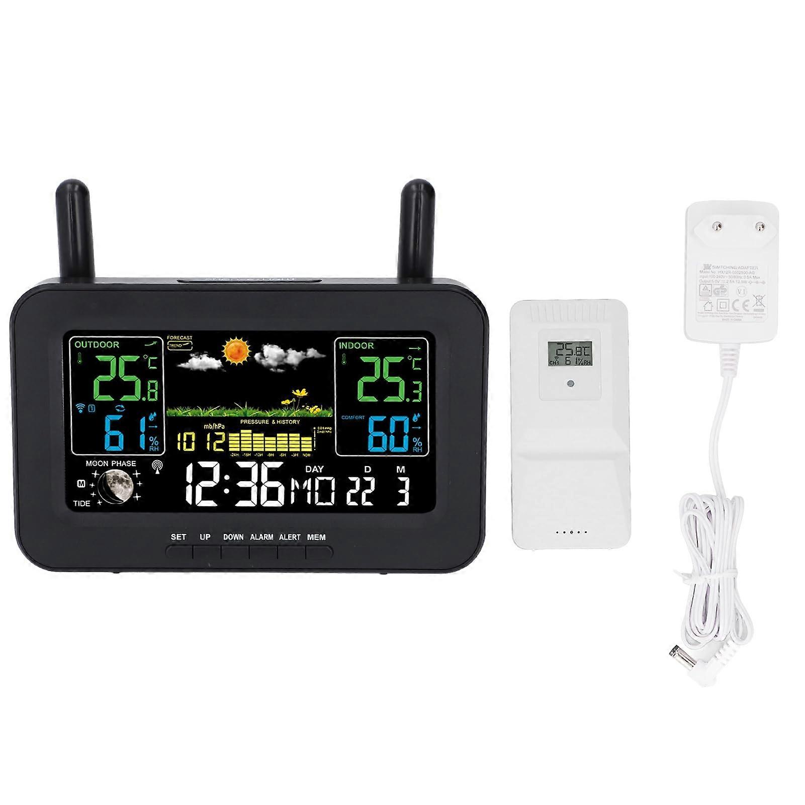 Digital weather clock, color display, performance antenna, multilocation, 12hour forecast, alarm (EU plug) Black