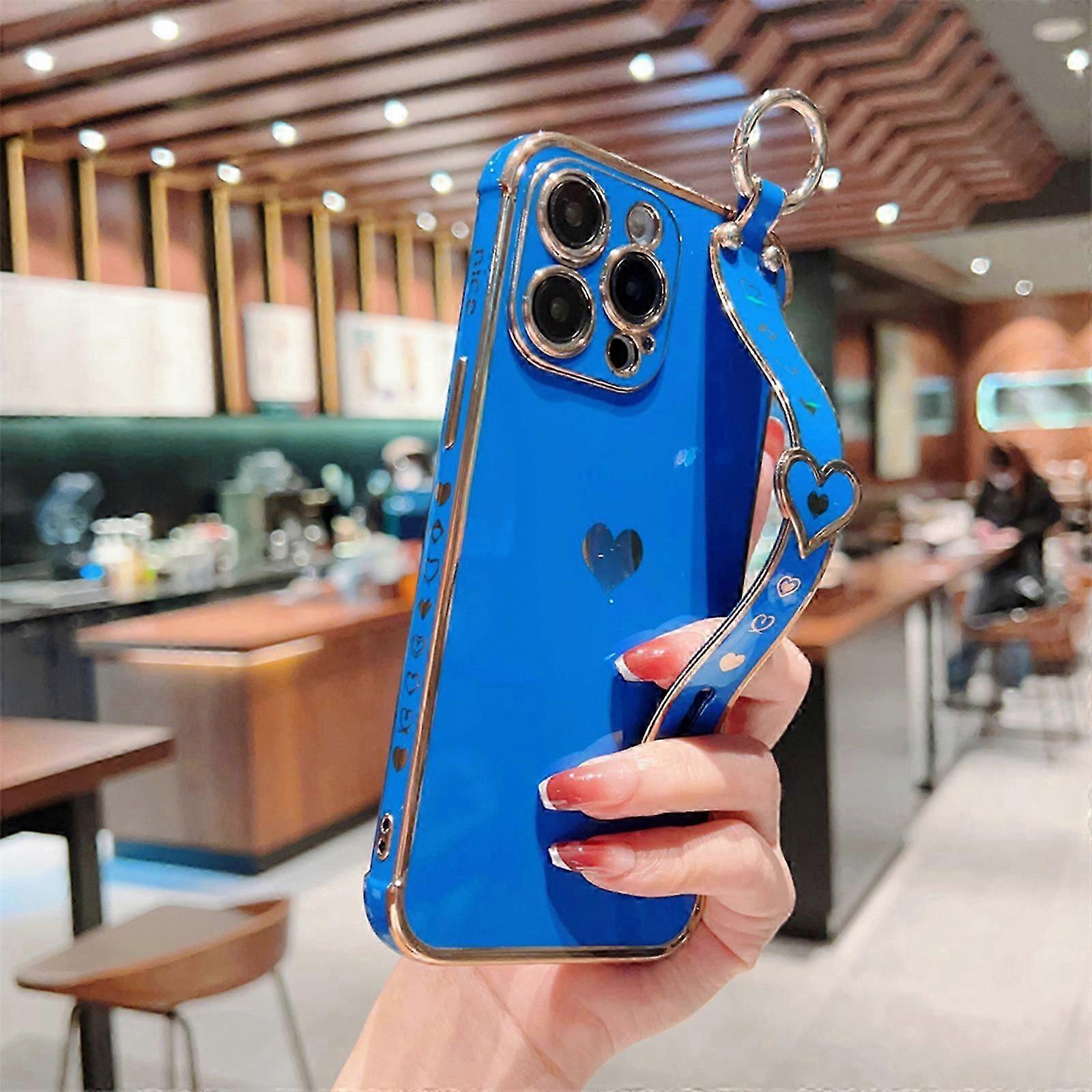 Silicone Case for iPhone 15 Pro Max/15 Ultra With Wristband Cute Love-heart Plating 15 Pro Max Case Shockproof