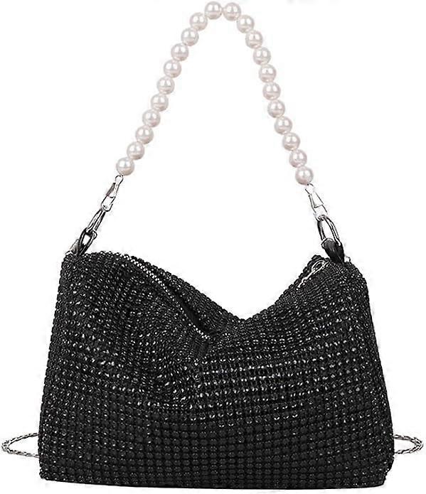 Women's Glitter Evening Bag, High Capacity Clutch with Zip, Removable Chain, Elegant Black Bag for Prom, Wedding, Party
