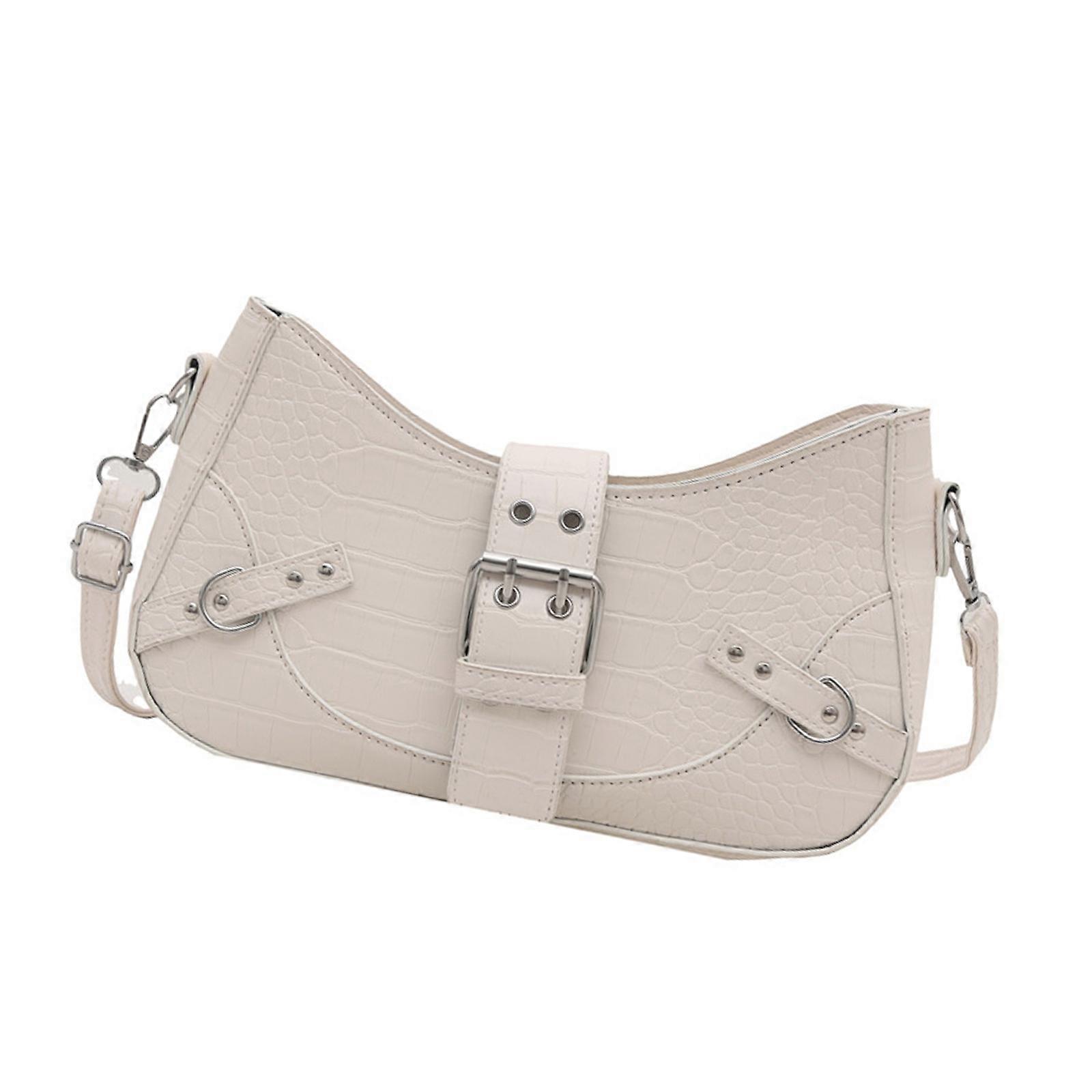 Soft PU Leather Shoulder Bag With Rivet Accent Adjustable Belt Strap Practical Crossbody Bag for Various Occasion  White