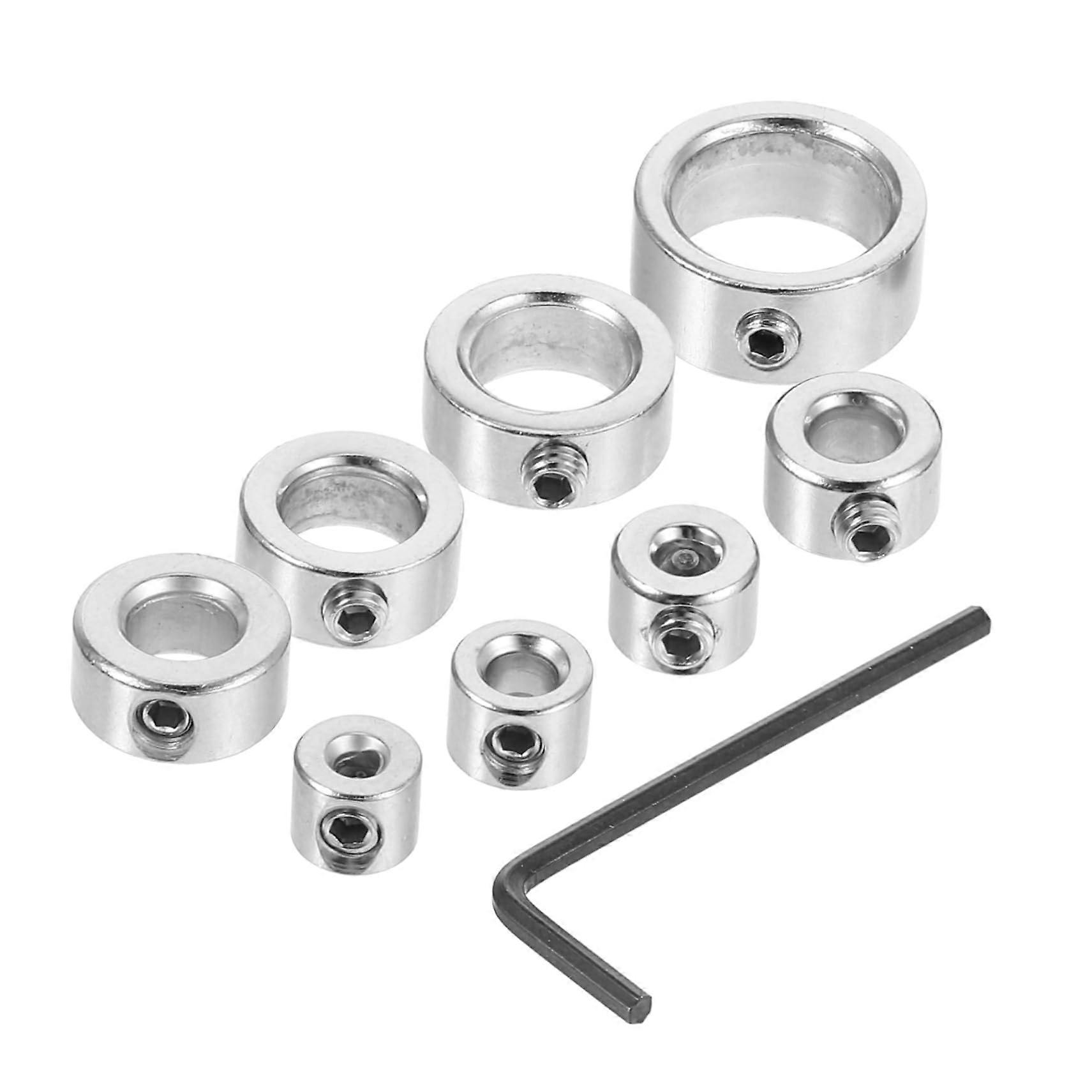 8piece adjustable drill stop set with adjustment rings for precise depth control in woodworking, key for easy adjustments.