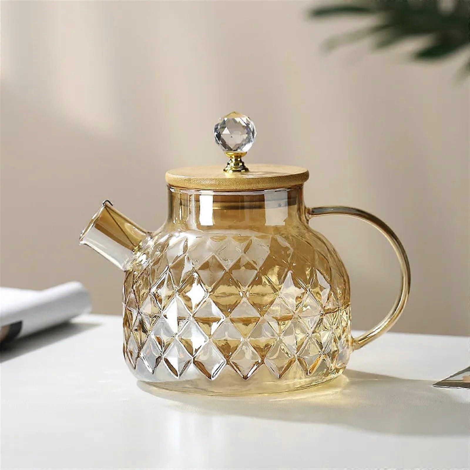 Glass Tea Kettle 1.8L with Bamboo Lid, Removable Filter Spout, Elegant Champagne Teapot for Loose Leaf and Fruit Tea