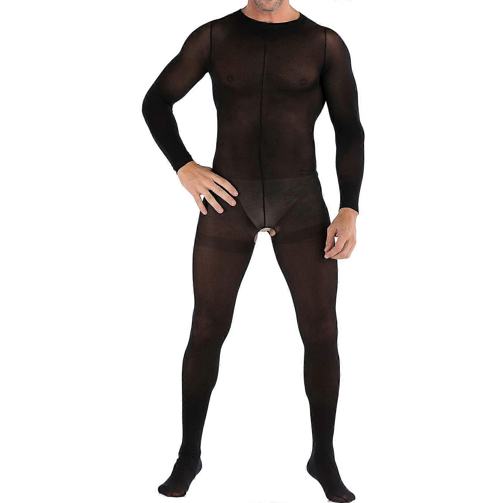 Herren Pyjamas Nightclub Stockings Open Front Bodysuit Red Lace One Size Black