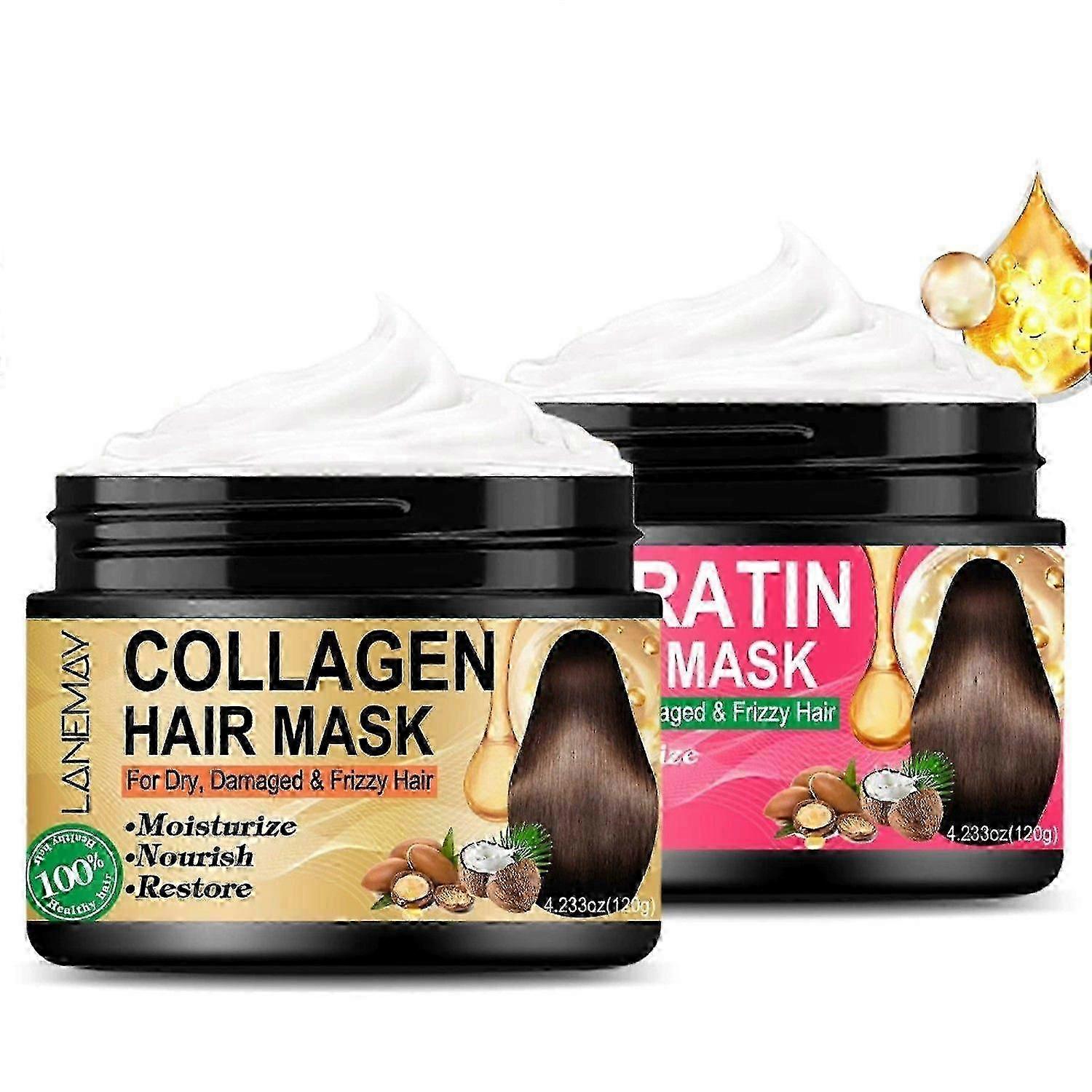 2025 Masque capillaire au collagène et masque capillaire à la kératine,Traitement hydratant à l’huile d’argan Traitement de réparation des cheveux Revitalisant en profondeur Traitement des protéines capillaires pour cheveux secs et abîmés,Nat