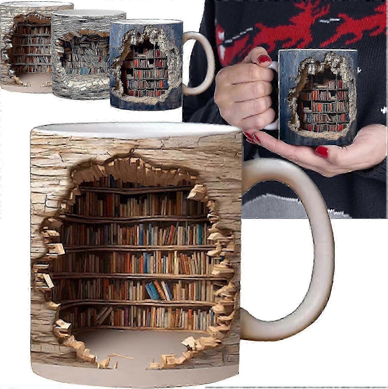 2025 3D Bookshelf Mug, 3D Effect Books Mugs, Creative Space Design Multi-Purpose Ceramic Mug, Coffee Mug Gift for Book Lovers
